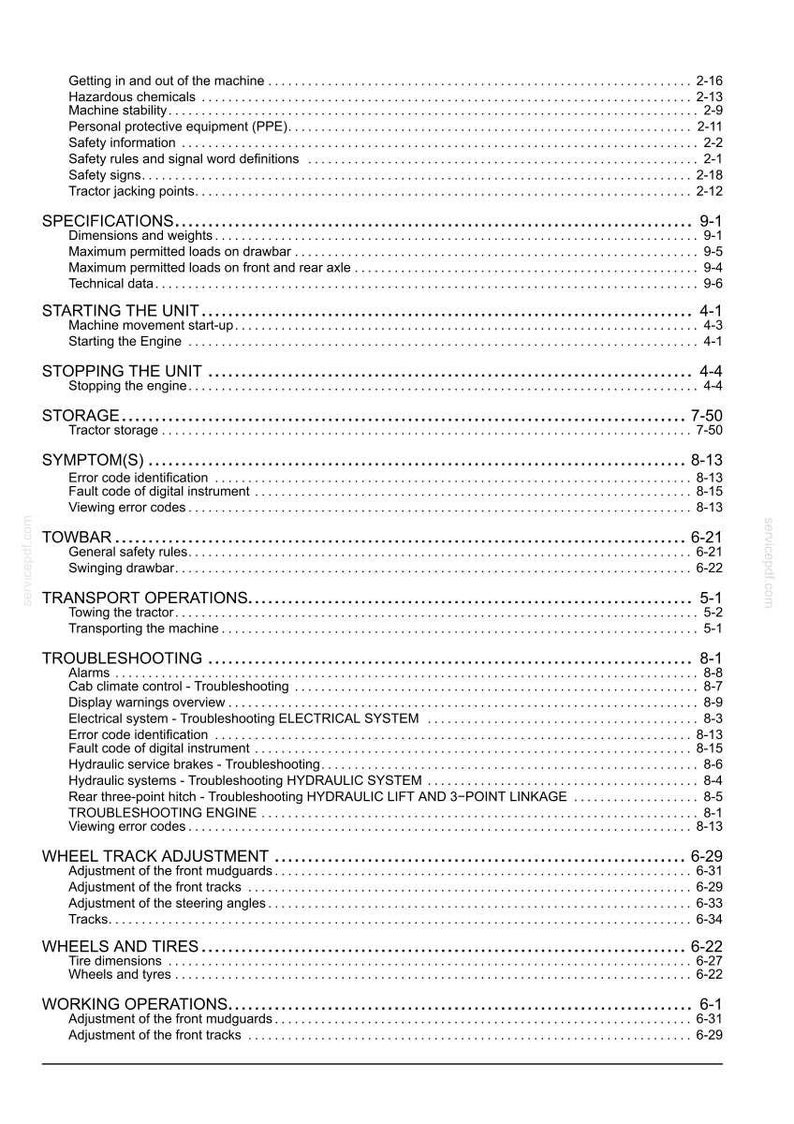 Pode incluir: Uma p&aacute;gina de &iacute;ndice em preto e branco de um manual t&eacute;cnico para trator. O texto lista se&ccedil;&otilde;es que incluem informa&ccedil;&otilde;es de seguran&ccedil;a, especifica&ccedil;&otilde;es, partida e parada da unidade, armazenamento e solu&ccedil;&atilde;o de problemas.