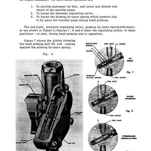 May include: An engineering diagram of a fuel pump, with cross-sectional views and labeled components. The image includes text describing the end plate operation, pressure regulating valve, and priming by-pass spring. Figures 6, 7, 8, and 9 illustrate different pump stages.