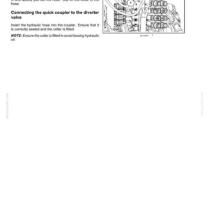 May include: A technical manual page titled 6 - WORKING OPERATIONS, featuring a black and white line drawing of a hydraulic diverter valve system. The text provides instructions for disconnecting and connecting a quick coupler and hydraulic hose.
