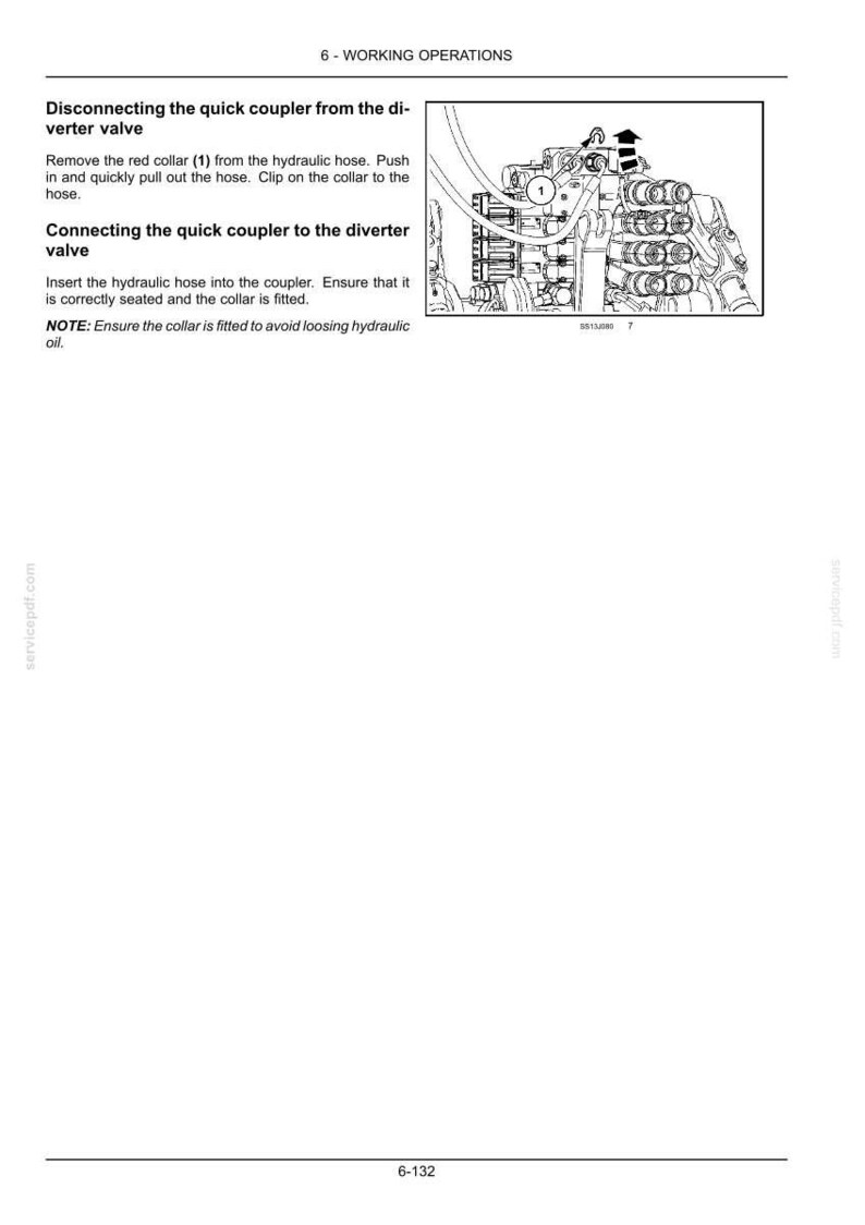 May include: A technical manual page titled 6 - WORKING OPERATIONS, featuring a black and white line drawing of a hydraulic diverter valve system. The text provides instructions for disconnecting and connecting a quick coupler and hydraulic hose.