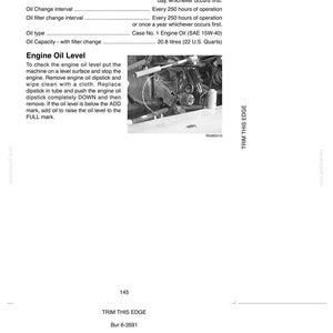May include: A page from a manual detailing engine service specifications, including oil level checks, oil changes, and oil filter changes. The image includes a diagram of an engine and instructions for checking the oil level.