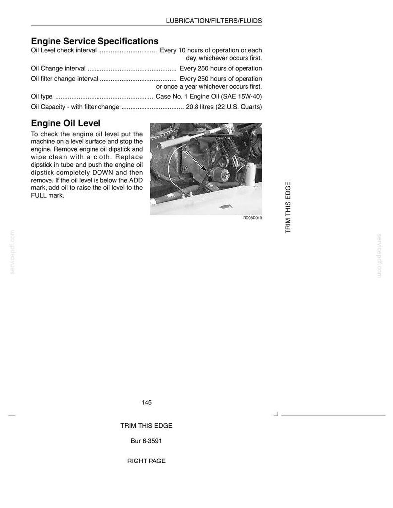May include: A page from a manual detailing engine service specifications, including oil level checks, oil changes, and oil filter changes. The image includes a diagram of an engine and instructions for checking the oil level.