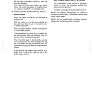 May include: A page from a manual detailing vehicle controls, including pilot system cancellation and parking/work brake switches. Text explains operation, with diagrams and notes on automatic and manual systems. Section 4-Controls/Instruments/Accessories is at the top.