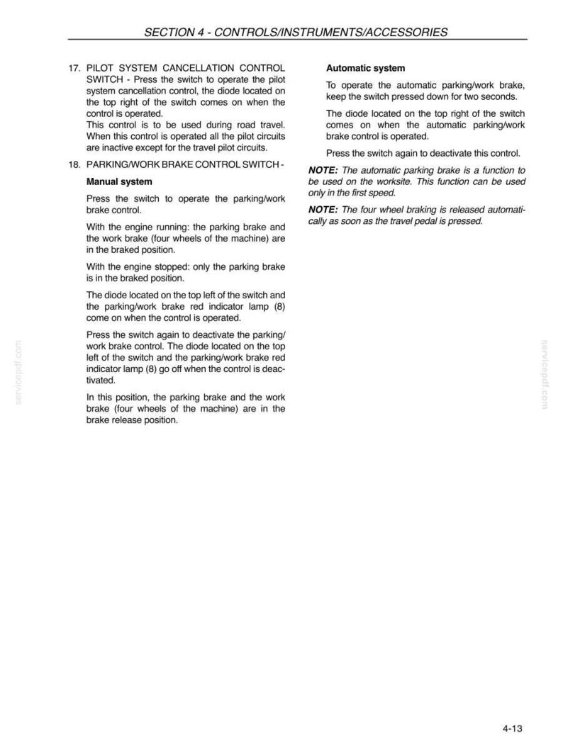 May include: A page from a manual detailing vehicle controls, including pilot system cancellation and parking/work brake switches. Text explains operation, with diagrams and notes on automatic and manual systems. Section 4-Controls/Instruments/Accessories is at the top.