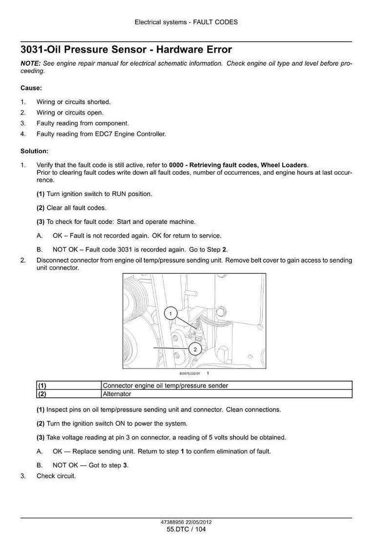 May include: A diagnostic document titled "3031-Oil Pressure Sensor - Hardware Error" with troubleshooting steps. Includes a diagram of engine components and instructions for checking the oil pressure sensor. The document is for electrical systems and fault codes.