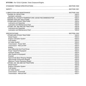 May include: A printed master table of contents for STX and Steiger traktoren series tractors. The document includes sections on safety, lubrication, maintenance, and specifications. The document is dated January 2008.