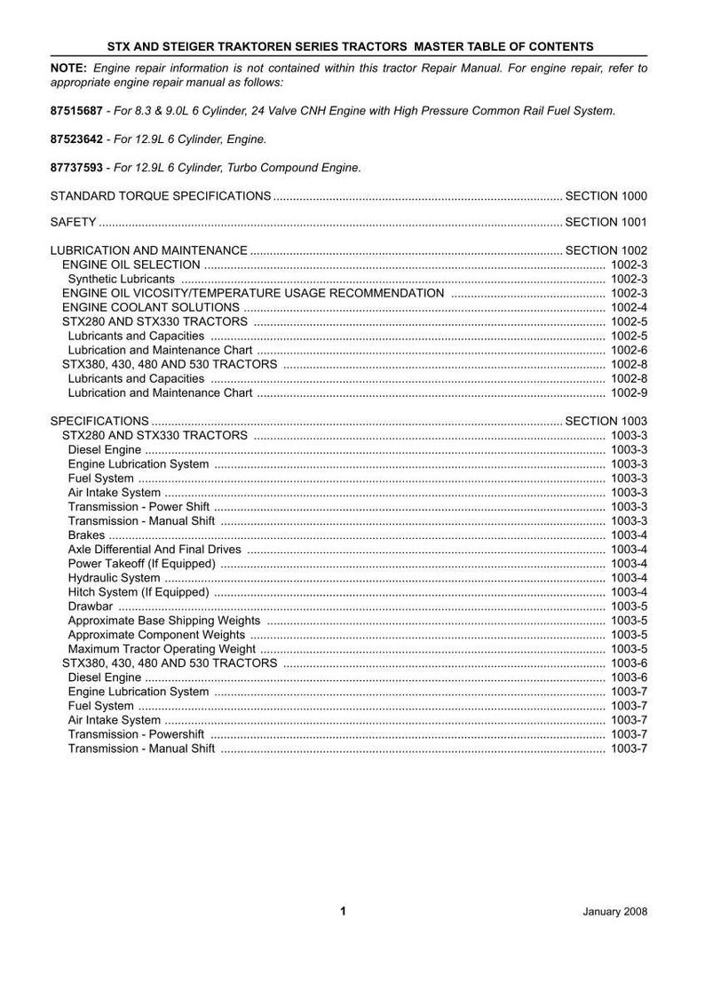 May include: A printed master table of contents for STX and Steiger traktoren series tractors. The document includes sections on safety, lubrication, maintenance, and specifications. The document is dated January 2008.