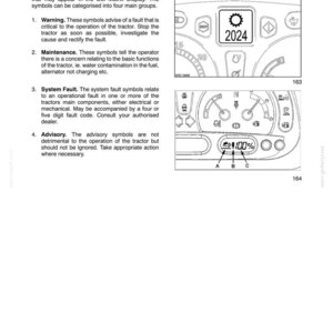 Puede incluir: Una p&aacute;gina de un manual t&eacute;cnico titulada SECTION 2 - CONTROLS, INSTRUMENTS AND OPERATION. Detalla s&iacute;mbolos de advertencia para un tractor, mostrando dos diagramas de un tablero digital con varios iconos y el n&uacute;mero 2024.
