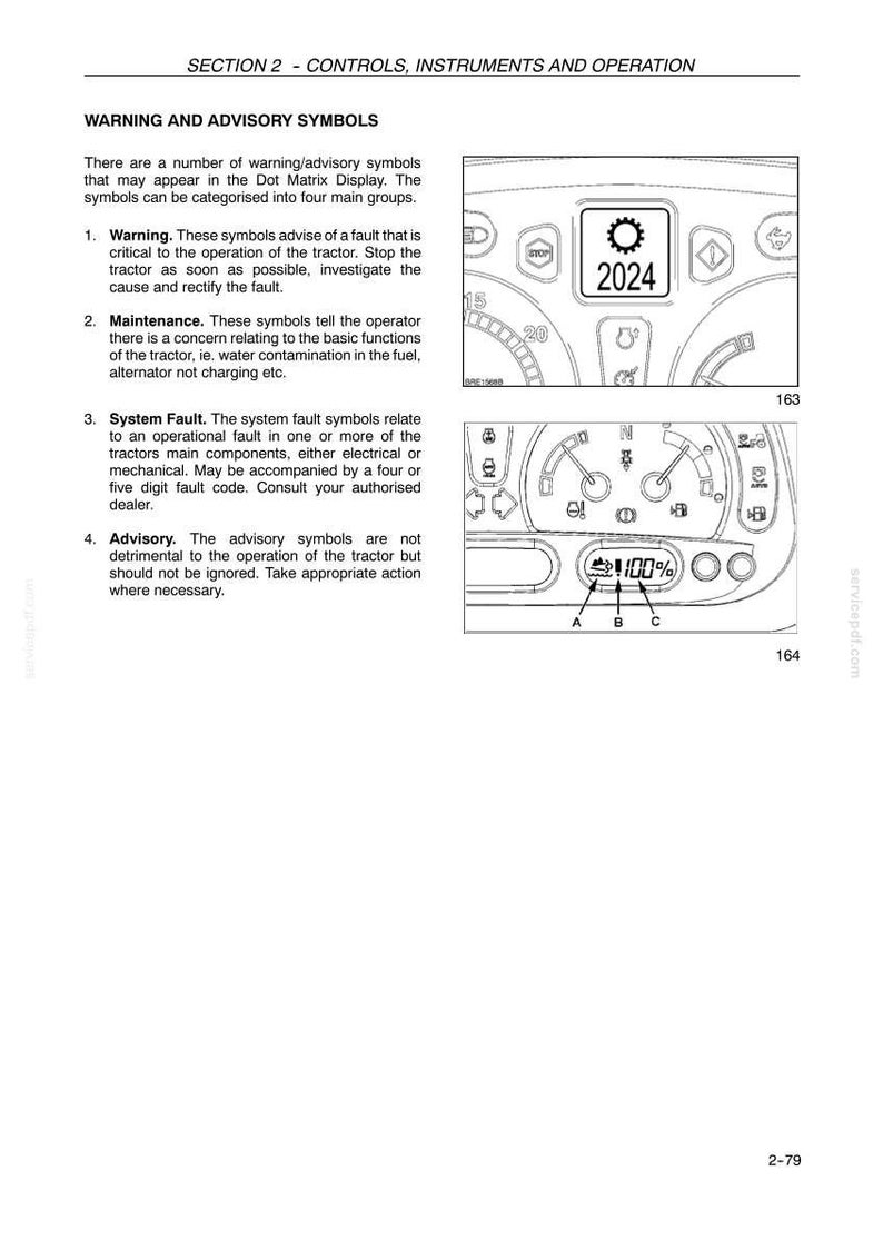 Puede incluir: Una p&aacute;gina de un manual t&eacute;cnico titulada SECTION 2 - CONTROLS, INSTRUMENTS AND OPERATION. Detalla s&iacute;mbolos de advertencia para un tractor, mostrando dos diagramas de un tablero digital con varios iconos y el n&uacute;mero 2024.
