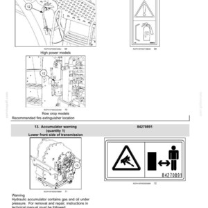 May include: A technical document page titled 2-SAFETY INFORMATION featuring diagrams and safety labels for fire extinguishers and hydraulic accumulators. It includes line drawings of machinery parts, warning icons, and text labels 84282119 and 84270891.