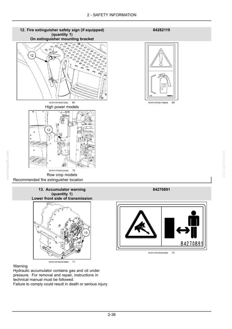 May include: A technical document page titled 2-SAFETY INFORMATION featuring diagrams and safety labels for fire extinguishers and hydraulic accumulators. It includes line drawings of machinery parts, warning icons, and text labels 84282119 and 84270891.