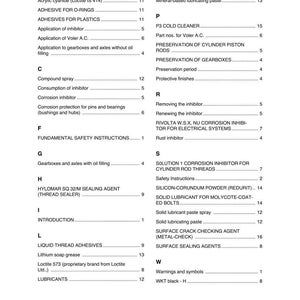 May include: A page from a technical manual with a table of contents. The text includes terms like "metal adhesives," "lubricants," and "corrosion inhibitor." The document is black and white with a simple layout.
