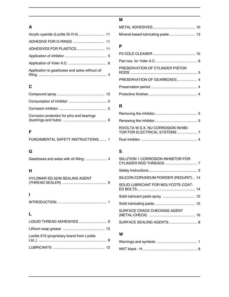 May include: A page from a technical manual with a table of contents. The text includes terms like "metal adhesives," "lubricants," and "corrosion inhibitor." The document is black and white with a simple layout.