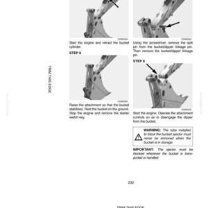 May include: A page from a manual detailing maintenance adjustments for heavy machinery. The steps include instructions on retracting a bucket cylinder, removing pins, and disengaging a dipper. Warnings and important notes are also included.