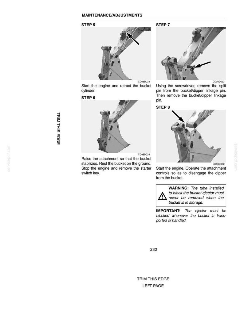 May include: A page from a manual detailing maintenance adjustments for heavy machinery. The steps include instructions on retracting a bucket cylinder, removing pins, and disengaging a dipper. Warnings and important notes are also included.
