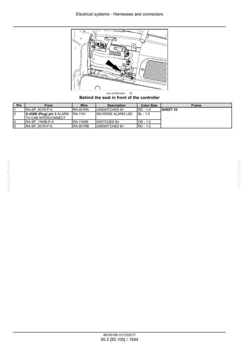 May include: A technical diagram titled Electrical systems - Harnesses and connectors, featuring a line drawing of a controller located behind a seat. A table lists pin numbers, wire codes, descriptions like UNSWITCHED B+ and REVERSE ALARM LSD.