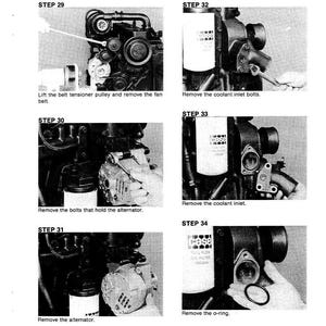 Pu&ograve; includere: Diagramma tecnico in bianco e nero che illustra la procedura di manutenzione dell'ingresso del liquido di raffreddamento. Il diagramma mostra vari passaggi, tra cui la rimozione di bulloni, dell'alternatore e dell'o-ring. Il testo include "COOLANT INLET SERVICING".