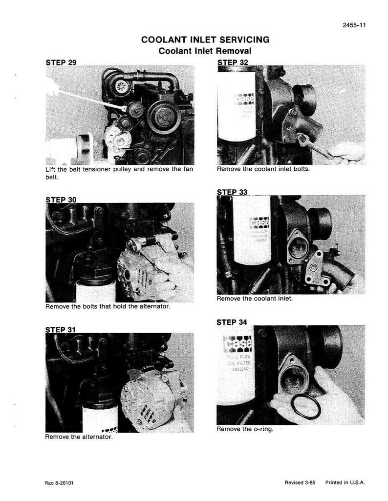 Pu&ograve; includere: Diagramma tecnico in bianco e nero che illustra la procedura di manutenzione dell'ingresso del liquido di raffreddamento. Il diagramma mostra vari passaggi, tra cui la rimozione di bulloni, dell'alternatore e dell'o-ring. Il testo include "COOLANT INLET SERVICING".