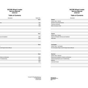 May include: A white document page titled W270B Wheel Loader Service Manual 87661531, featuring a Table of Contents with sections for General, Engines, Fuel System, and Electrical, including specific section numbers and tab references for maintenance.