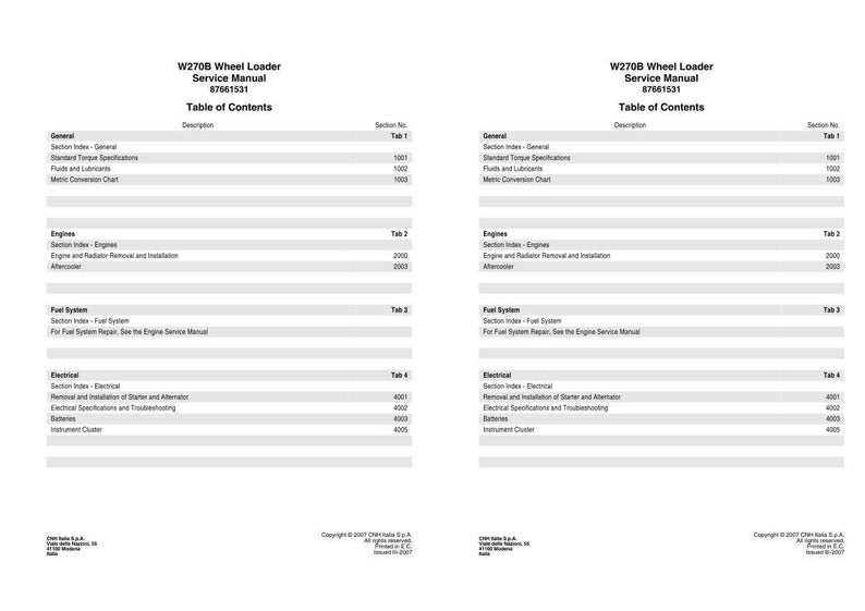 May include: A white document page titled W270B Wheel Loader Service Manual 87661531, featuring a Table of Contents with sections for General, Engines, Fuel System, and Electrical, including specific section numbers and tab references for maintenance.