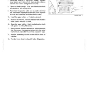 May include: A technical maintenance manual page titled 7-MAINTENANCE, featuring a black and white line drawing of a battery compartment and a numbered list of instructions from 5 to 15 for replacing batteries, including steps for cables and terminals.