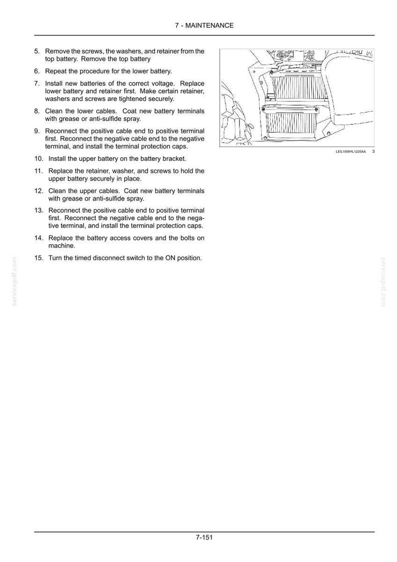 May include: A technical maintenance manual page titled 7-MAINTENANCE, featuring a black and white line drawing of a battery compartment and a numbered list of instructions from 5 to 15 for replacing batteries, including steps for cables and terminals.