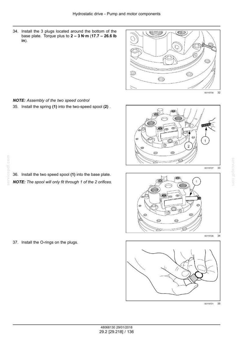 K&ouml;nnte beinhalten: Diagramm zum Zusammenbau von hydrostatischen Antriebs-Pumpen- und Motorkomponenten. Anweisungen zur Installation von Stopfen, Federn und O-Ringen. Drehmomentangaben in N&middot;m.