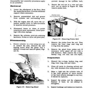 May include: A page from a manual detailing the disassembly and inspection of a cylinder. The text includes instructions and diagrams for removing parts like the piston bolt and gland. Figures 25 and 26 illustrate the procedures.