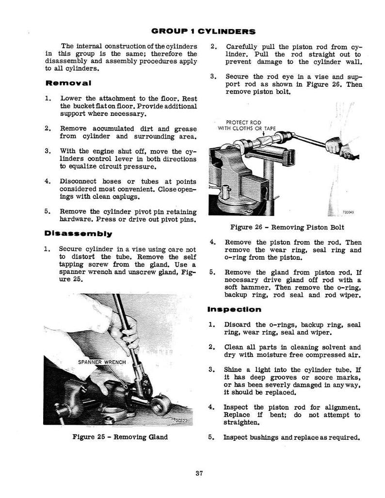 May include: A page from a manual detailing the disassembly and inspection of a cylinder. The text includes instructions and diagrams for removing parts like the piston bolt and gland. Figures 25 and 26 illustrate the procedures.
