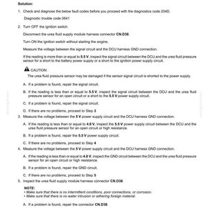 May include: Document detailing fault codes for a 204D-Urea fluid pressure sensor circuit high voltage. Includes diagnostic steps, voltage measurements, and troubleshooting instructions for the control module (DCU).