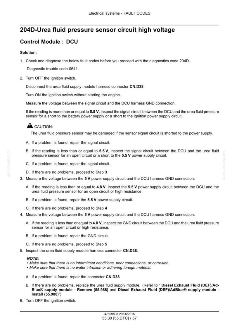 May include: Document detailing fault codes for a 204D-Urea fluid pressure sensor circuit high voltage. Includes diagnostic steps, voltage measurements, and troubleshooting instructions for the control module (DCU).