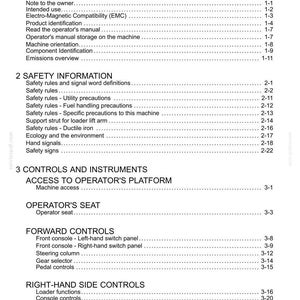 May include: A detailed table of contents from a manual, with headings like "General Information," "Safety Information," and "Controls and Instruments." The text is black on a white background, with page numbers on the right.