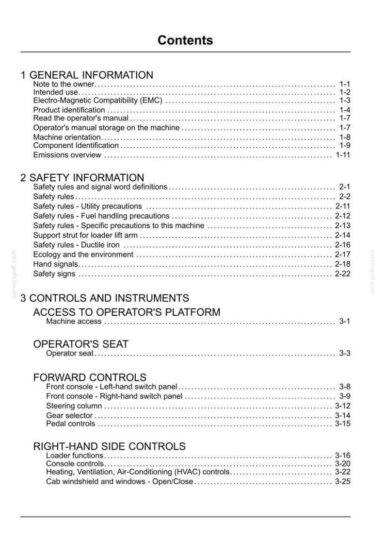 May include: A detailed table of contents from a manual, with headings like "General Information," "Safety Information," and "Controls and Instruments." The text is black on a white background, with page numbers on the right.
