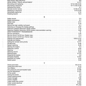 May include: A black and white page from a technical manual index, listing topics starting with Q, R, S, and T. The text includes entries such as Quick hitch, Rear Power Take-Off, Safety decals, Seat belt, Steering, and Transmission, each with page numbers.