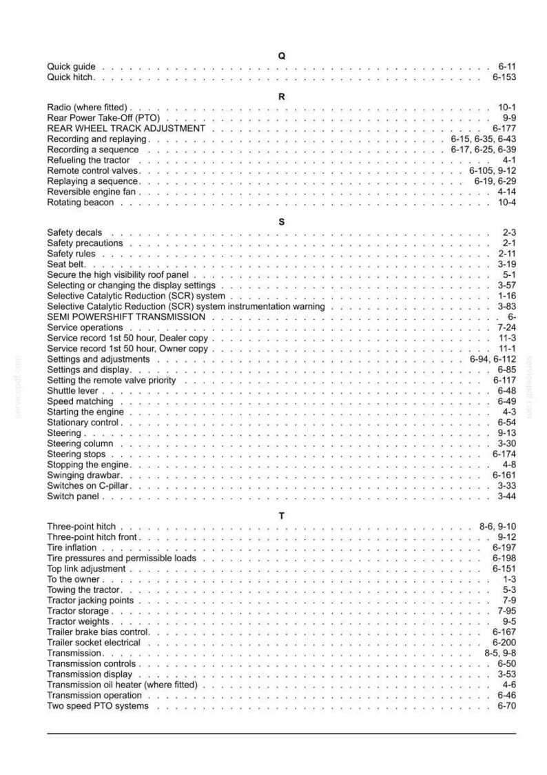 May include: A black and white page from a technical manual index, listing topics starting with Q, R, S, and T. The text includes entries such as Quick hitch, Rear Power Take-Off, Safety decals, Seat belt, Steering, and Transmission, each with page numbers.