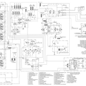 May include: Detailed black and white schematic diagram of a mechanical system, featuring numerous interconnected components, lines, and labels. The diagram includes various symbols and notations, likely representing hydraulic or electrical systems.