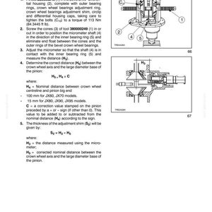 May include: Diagram of a mechanical front axle with labeled components and text. The image includes diagrams of the bevel drive adjustments, detailing the process of determining the thickness of the drive pinion position adjustment shim.
