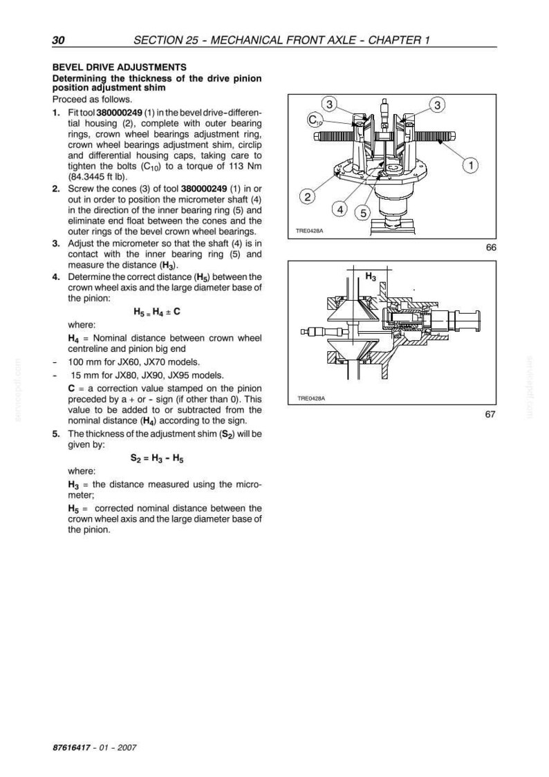 May include: Diagram of a mechanical front axle with labeled components and text. The image includes diagrams of the bevel drive adjustments, detailing the process of determining the thickness of the drive pinion position adjustment shim.