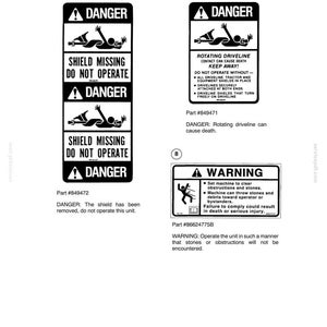 May include: A technical document page titled SECTION 90 - DECALS - CHAPTER 1 displaying three safety labels. Labels 6 and 7 feature DANGER warnings with icons of a person near a driveline. Label 8 is a WARNING about machine obstructions and stones.