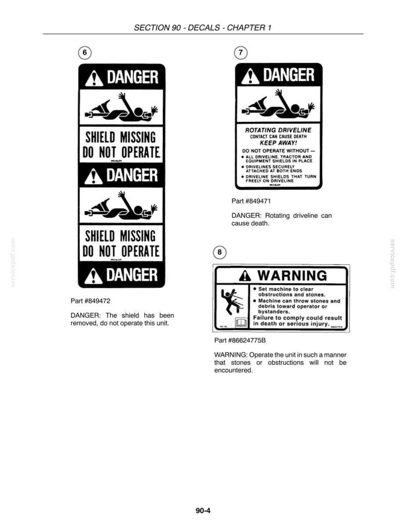 May include: A technical document page titled SECTION 90 - DECALS - CHAPTER 1 displaying three safety labels. Labels 6 and 7 feature DANGER warnings with icons of a person near a driveline. Label 8 is a WARNING about machine obstructions and stones.