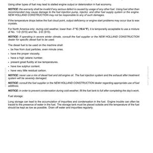 May include: A technical document page titled 6-MAINTENANCE regarding fuel specifications for New Holland Construction machinery. It details requirements for Ultra-Low Sulphur Diesel, cold weather fuel mixtures, and proper fuel storage practices.