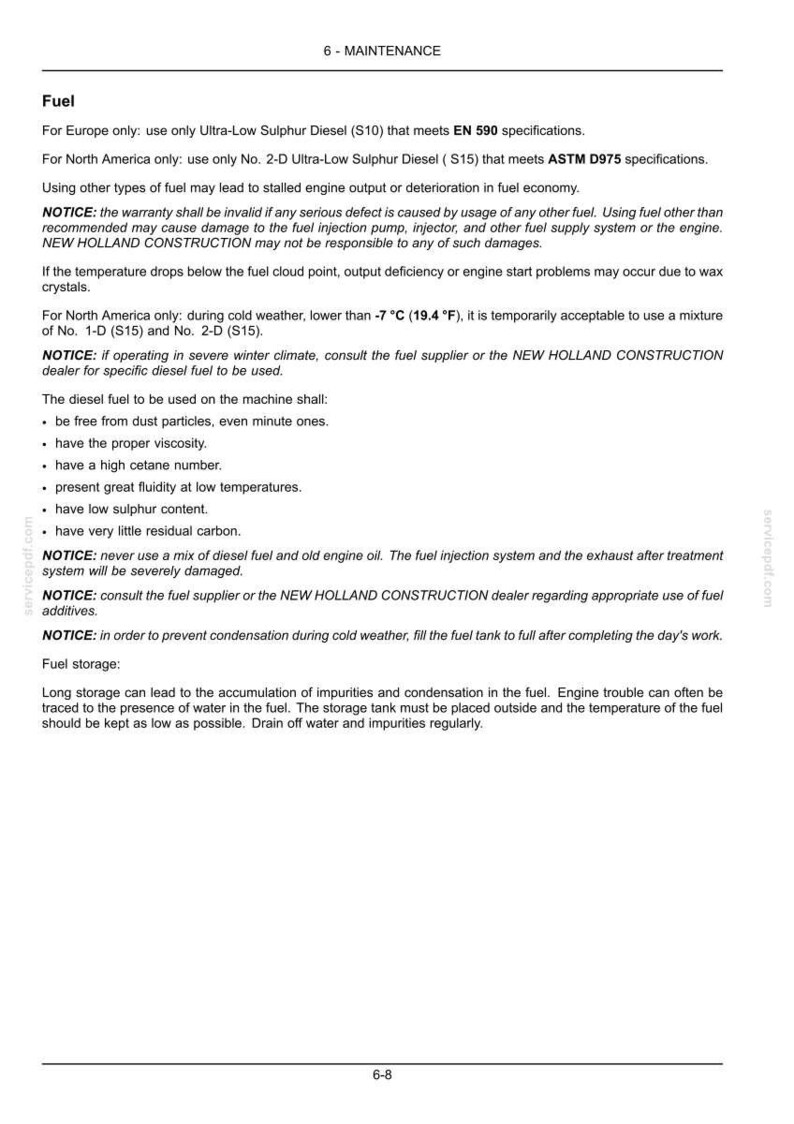 May include: A technical document page titled 6-MAINTENANCE regarding fuel specifications for New Holland Construction machinery. It details requirements for Ultra-Low Sulphur Diesel, cold weather fuel mixtures, and proper fuel storage practices.