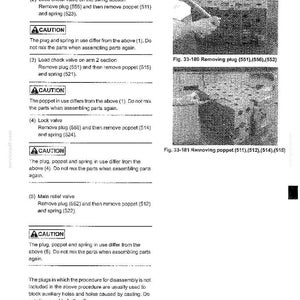May include: A technical manual page titled 33. UPPER STRUCTURE, detailing the procedure for removing check valves. It includes text instructions, two black and white photographs labelled Fig. 33-180 and Fig. 33-181, and caution warnings.
