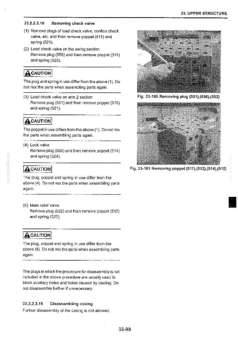 May include: A technical manual page titled 33. UPPER STRUCTURE, detailing the procedure for removing check valves. It includes text instructions, two black and white photographs labelled Fig. 33-180 and Fig. 33-181, and caution warnings.