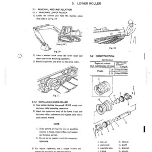 May include: A technical manual page titled 5. LOWER ROLLER, featuring line drawings of an excavator, instructions for removal and installation, and an exploded view diagram of roller components labeled with numbers and parts like collar, shaft, and bushing.