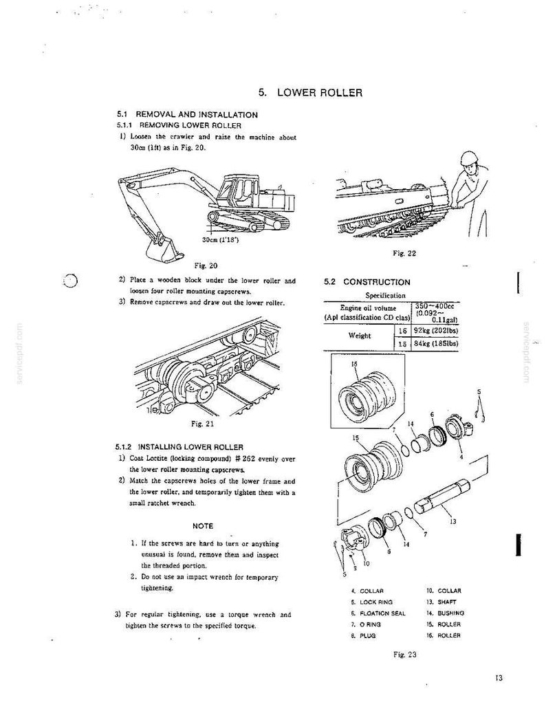 May include: A technical manual page titled 5. LOWER ROLLER, featuring line drawings of an excavator, instructions for removal and installation, and an exploded view diagram of roller components labeled with numbers and parts like collar, shaft, and bushing.