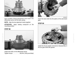 May include: A technical diagram with step-by-step instructions for assembling mechanical components. The image includes close-up views of parts, with text describing each step. The text includes "Use suitable lifting equipment" and "Tighten torque 250 Nm (185 pound-feet)."