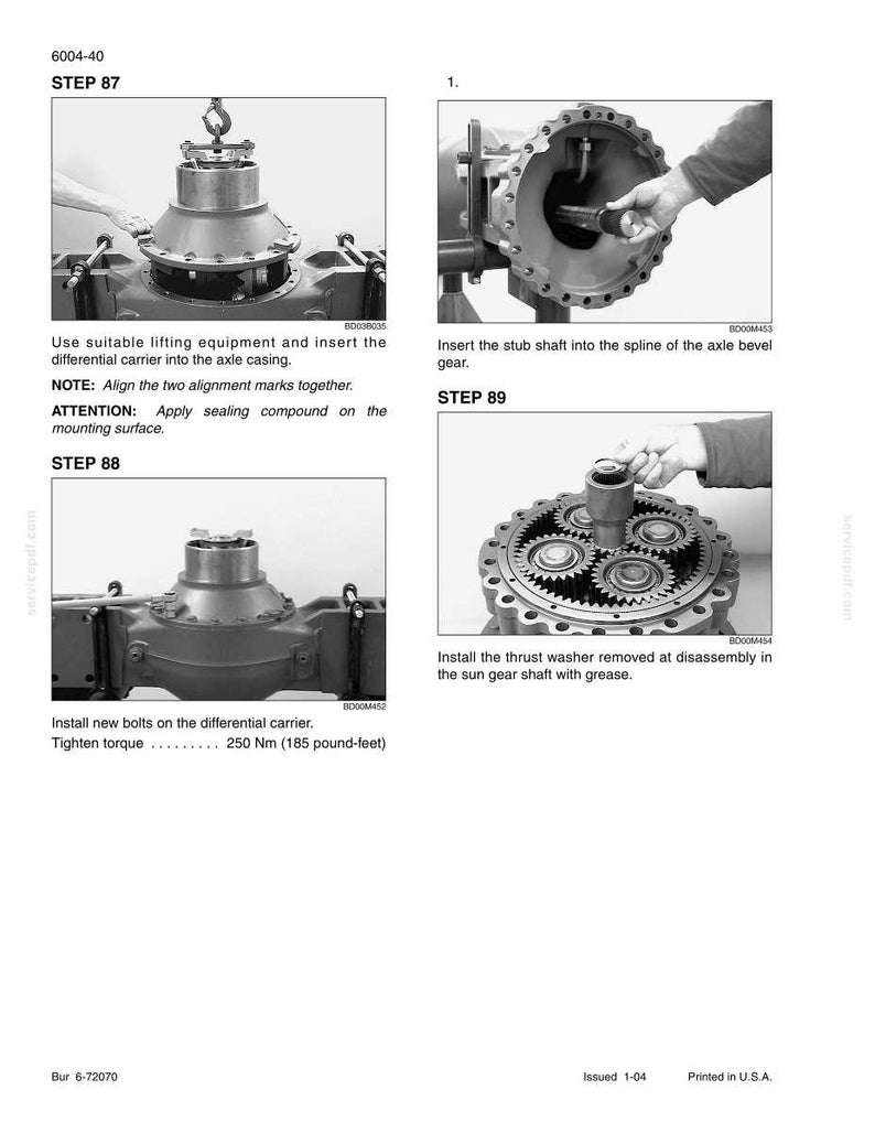 May include: A technical diagram with step-by-step instructions for assembling mechanical components. The image includes close-up views of parts, with text describing each step. The text includes "Use suitable lifting equipment" and "Tighten torque 250 Nm (185 pound-feet)."