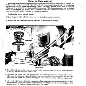 May include: A black and white diagram from a service manual detailing PTO clutch adjustment. The text includes instructions on checking and adjusting the clutch, with measurements in pounds. The diagram shows mechanical components with labels like "LOCK PINS".