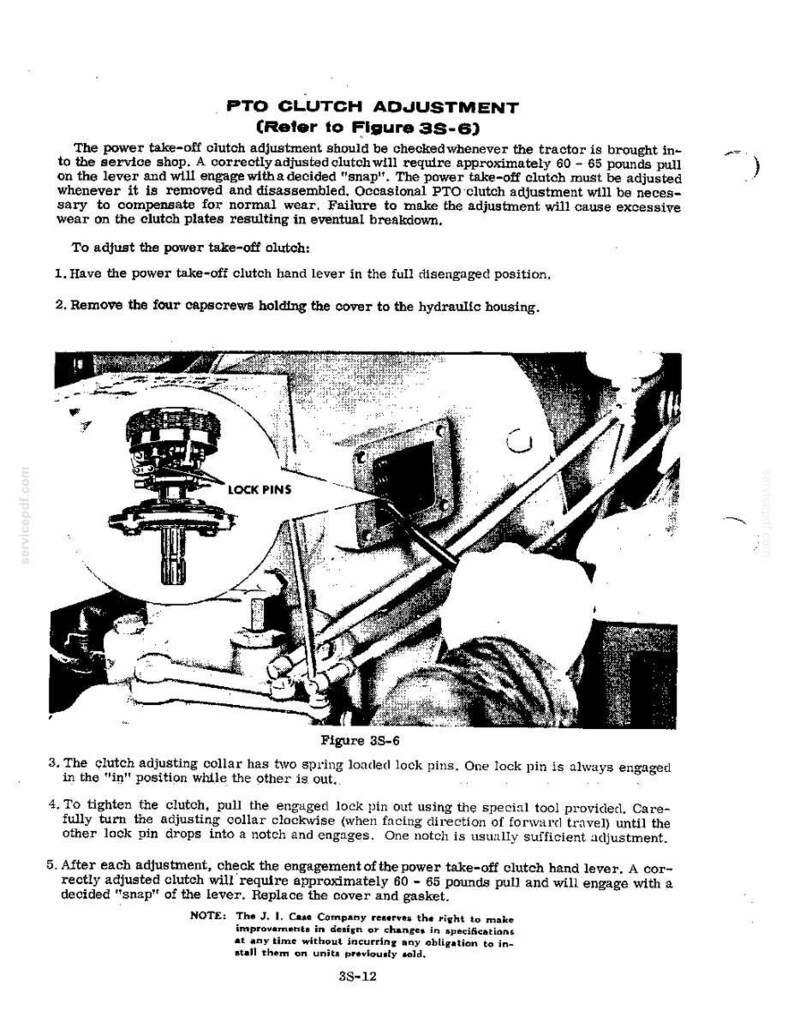May include: A black and white diagram from a service manual detailing PTO clutch adjustment. The text includes instructions on checking and adjusting the clutch, with measurements in pounds. The diagram shows mechanical components with labels like "LOCK PINS".